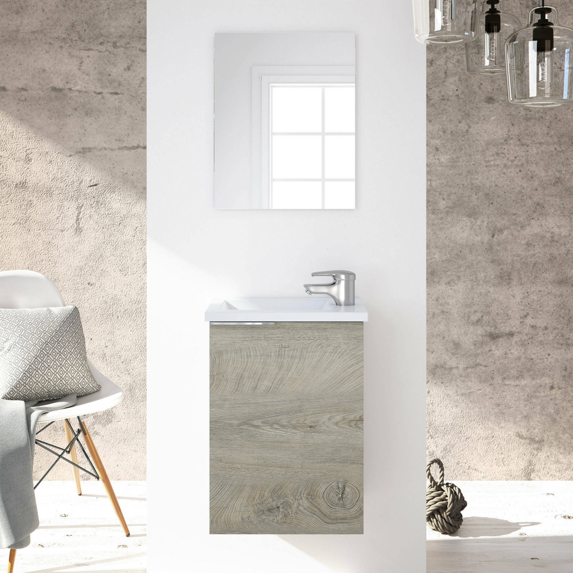 Mobile sottolavabo Akamaru, Mobiletto per bagno sospeso, Armadio a 1 anta con specchio e lavabo, 40x22h58 cm, Rovere