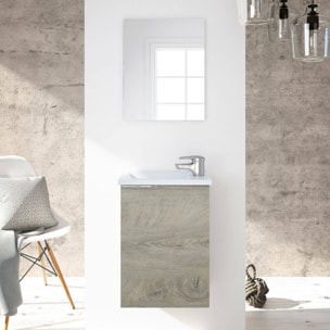 Mobile sottolavabo Akamaru, Mobiletto per bagno sospeso, Armadio a 1 anta con specchio e lavabo, 40x22h58 cm, Rovere