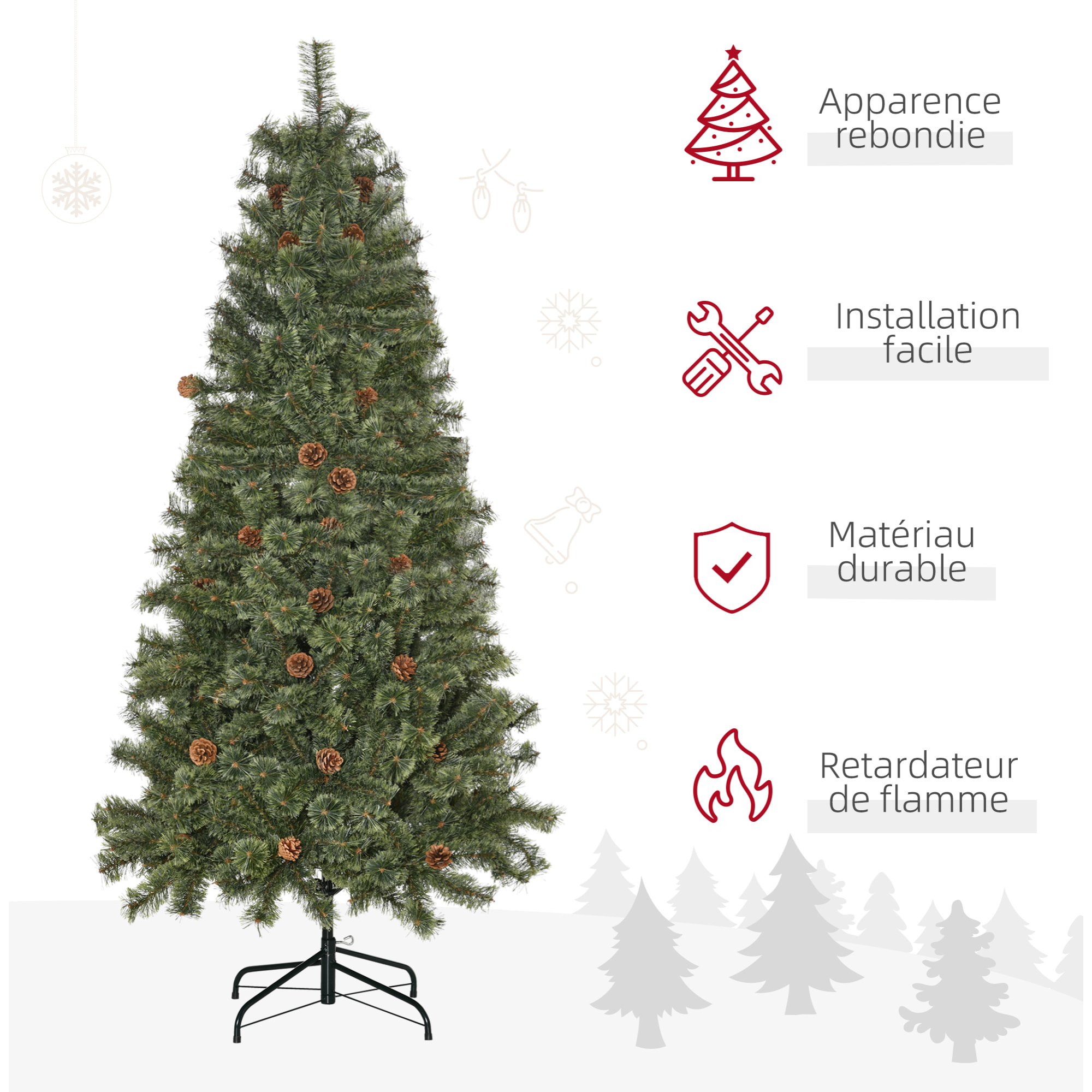 Sapin de Noël artificiel Ø 87 x 180H cm - 450 branches épines imitation Nordmann grand réalisme - 28 pommes de pin - métal PVC vert