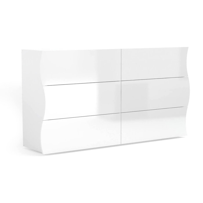 Comò ondulato, Made in Italy, Mobiletto per Soggiorno e Camera, Credenza 6 cassetti, colore Bianco lucido, cm 155x40h82