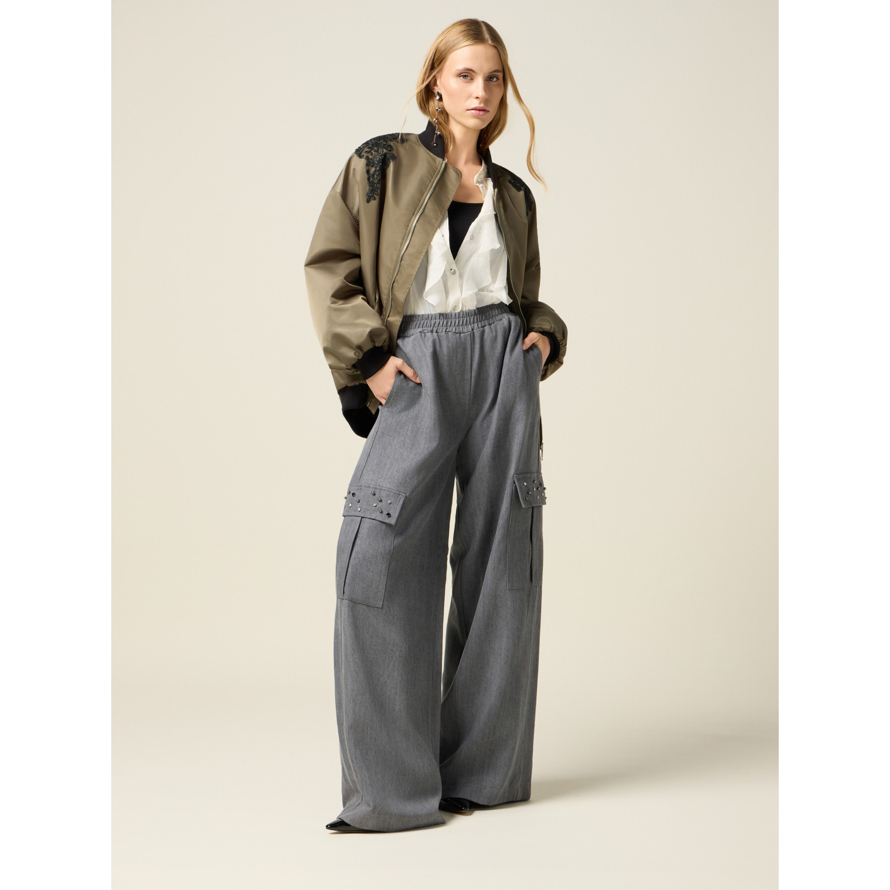 Oltre - Pantaloni cargo in tencel con pietre - Grigio