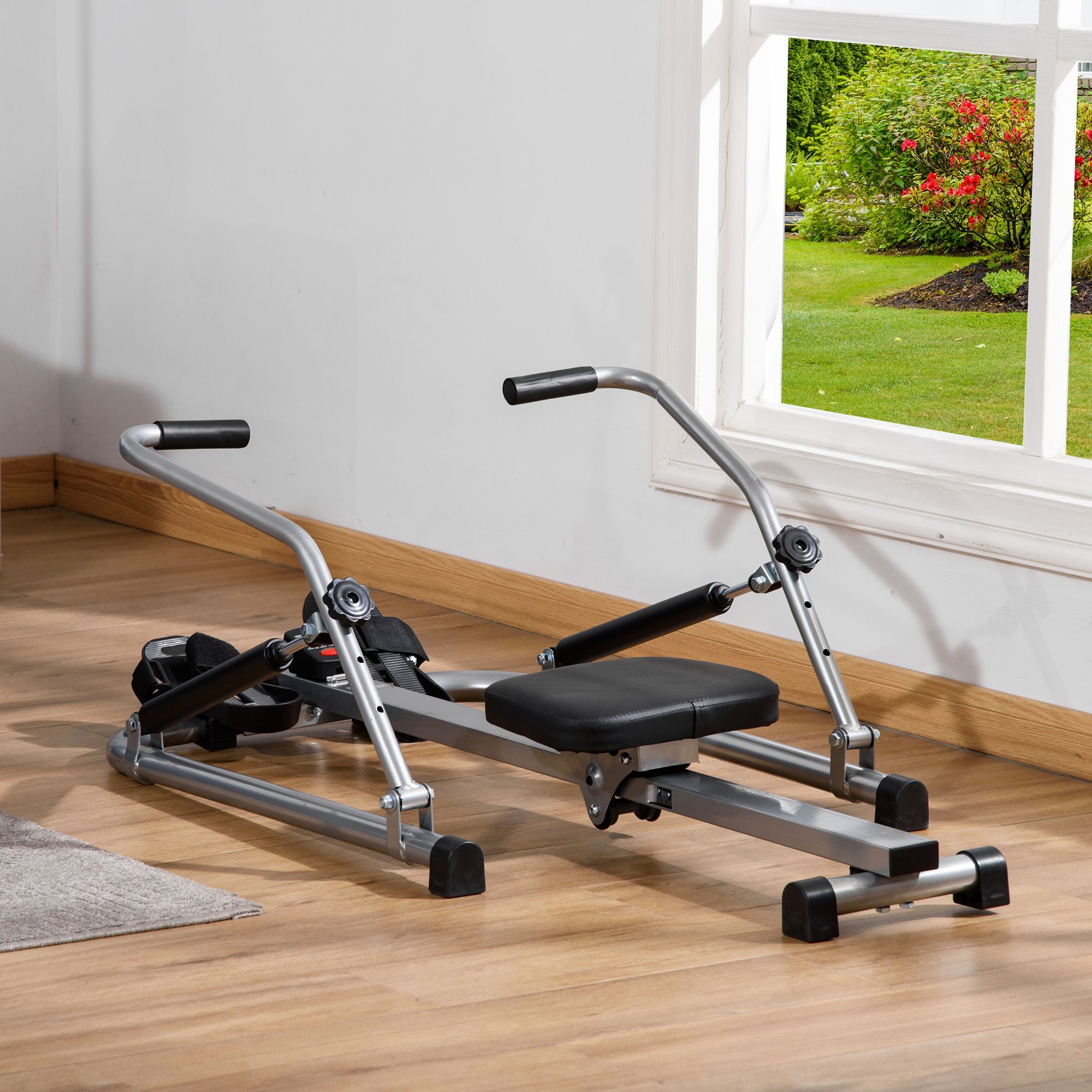 Máquina de Remo Hidráulico Plegable con 4 Niveles de Resistencia Monitor Digital y Pedal Antideslizante para Fitness en Casa Acero 129x70x70 cm Negro y Plata