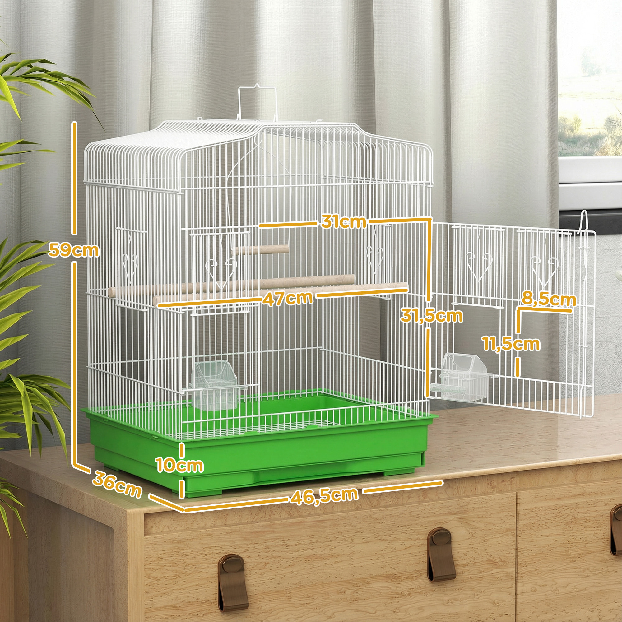 Jaula para Pájaros, Jaula de Acero para Pájaros con Puertas, 2 Comederos, 2 Perchas, Columpio, Bandeja Extraíble y Asa de Transporte, para Loro, Canario, Periquito, 46,5x36x59 cm, Verde