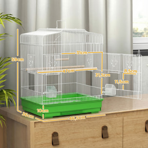 Jaula para Pájaros, Jaula de Acero para Pájaros con Puertas, 2 Comederos, 2 Perchas, Columpio, Bandeja Extraíble y Asa de Transporte, para Loro, Canario, Periquito, 46,5x36x59 cm, Verde