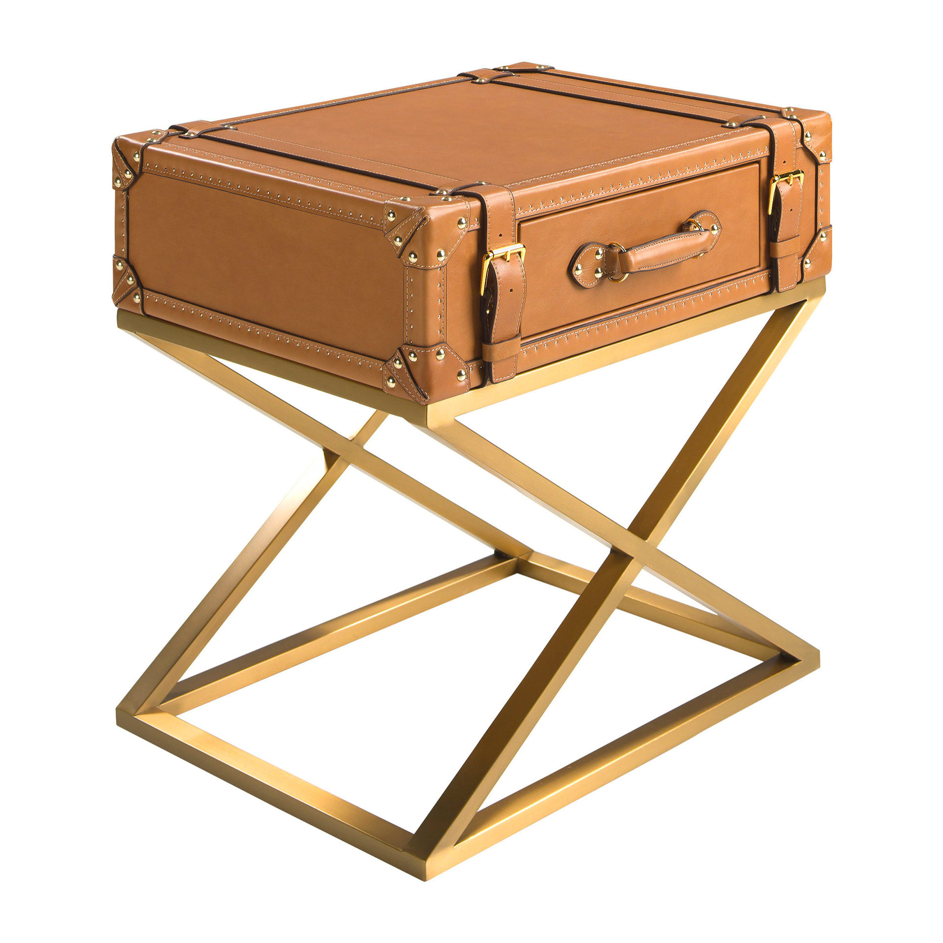 Mesa rincón Angel Cerdá rectangular en piel de origen vacuno y patas de acero inoxidable en dorado 62x47x62cm