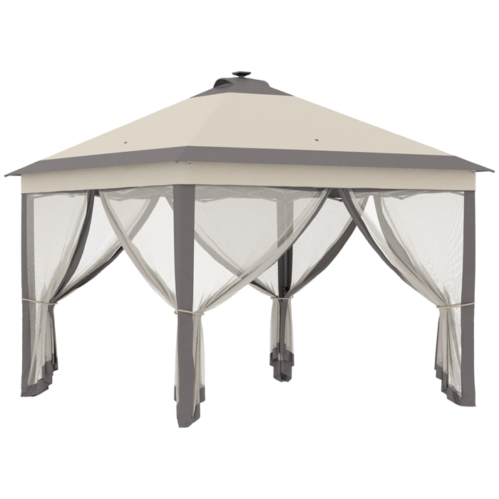 Carpa Plegable con Luces LED 3,3x3,3 m Cenador de Jardín con Control Remoto 4 Paredes Laterales de Malla Altura Ajustable y Bolsa de Transporte para Patio Fiestas Beige