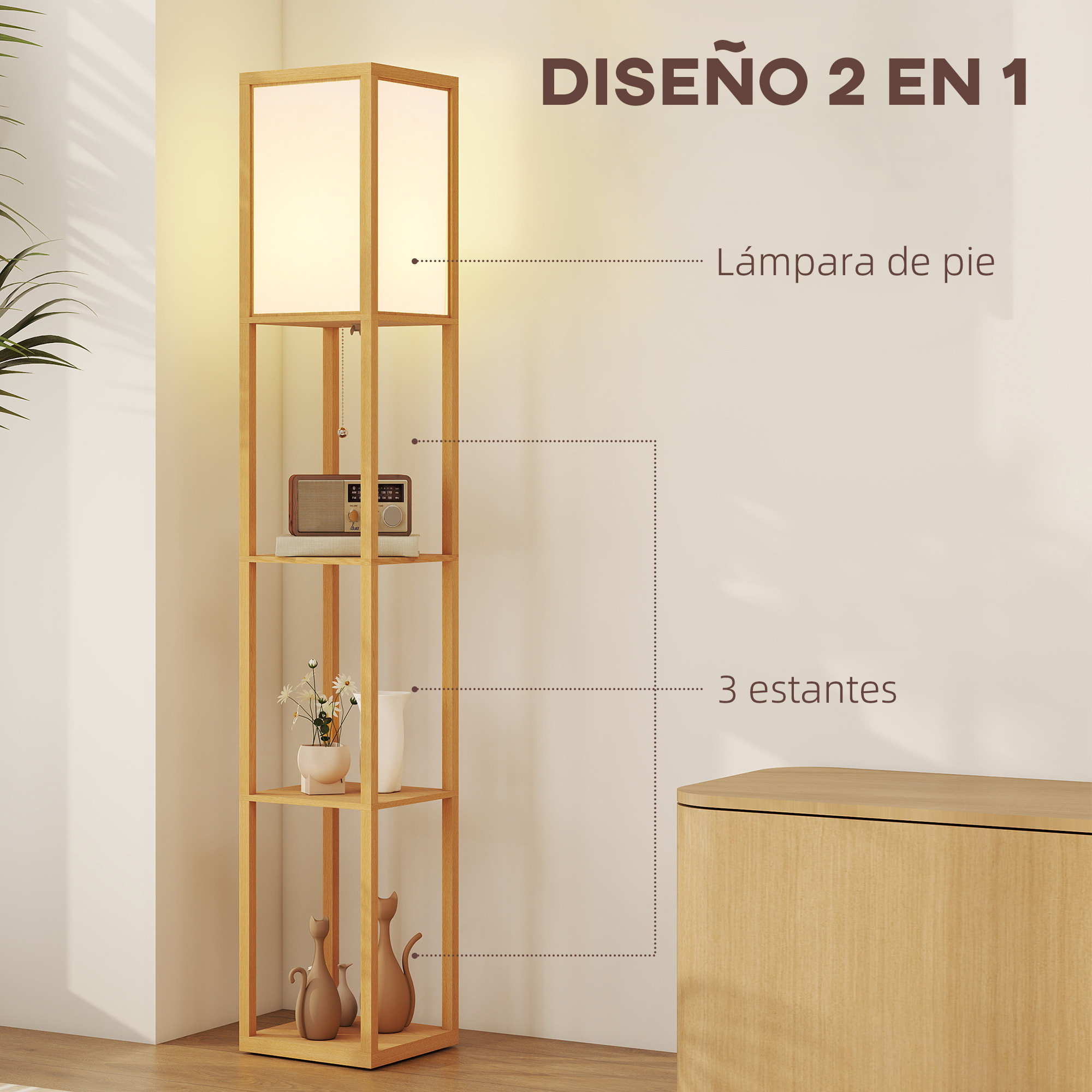 Lámpara de Pie con Estantes de Almacenaje, Lámpara de Madera Moderna, Bombilla E27, para Salón, Dormitorio, Oficina, Natural