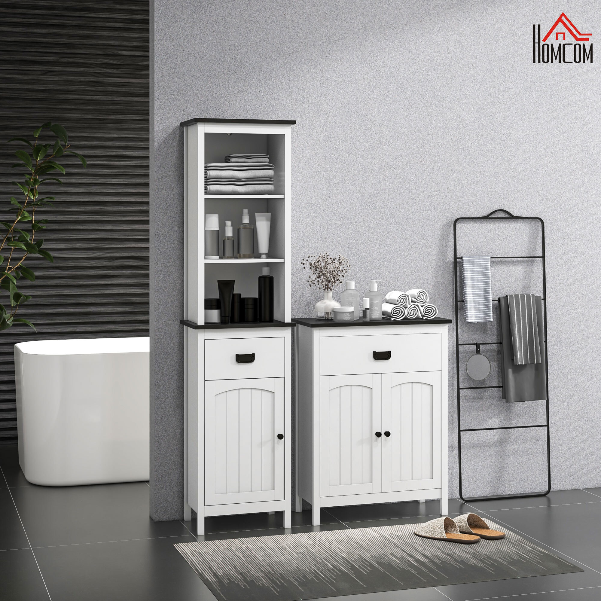 Conjunto de Baño Incluye 1 Armario Auxiliar de Baño y 1 Columna de Baño con Estantes Ajustables y Cajón Estilo Moderno Antivuelco para Dormitorio Blanco
