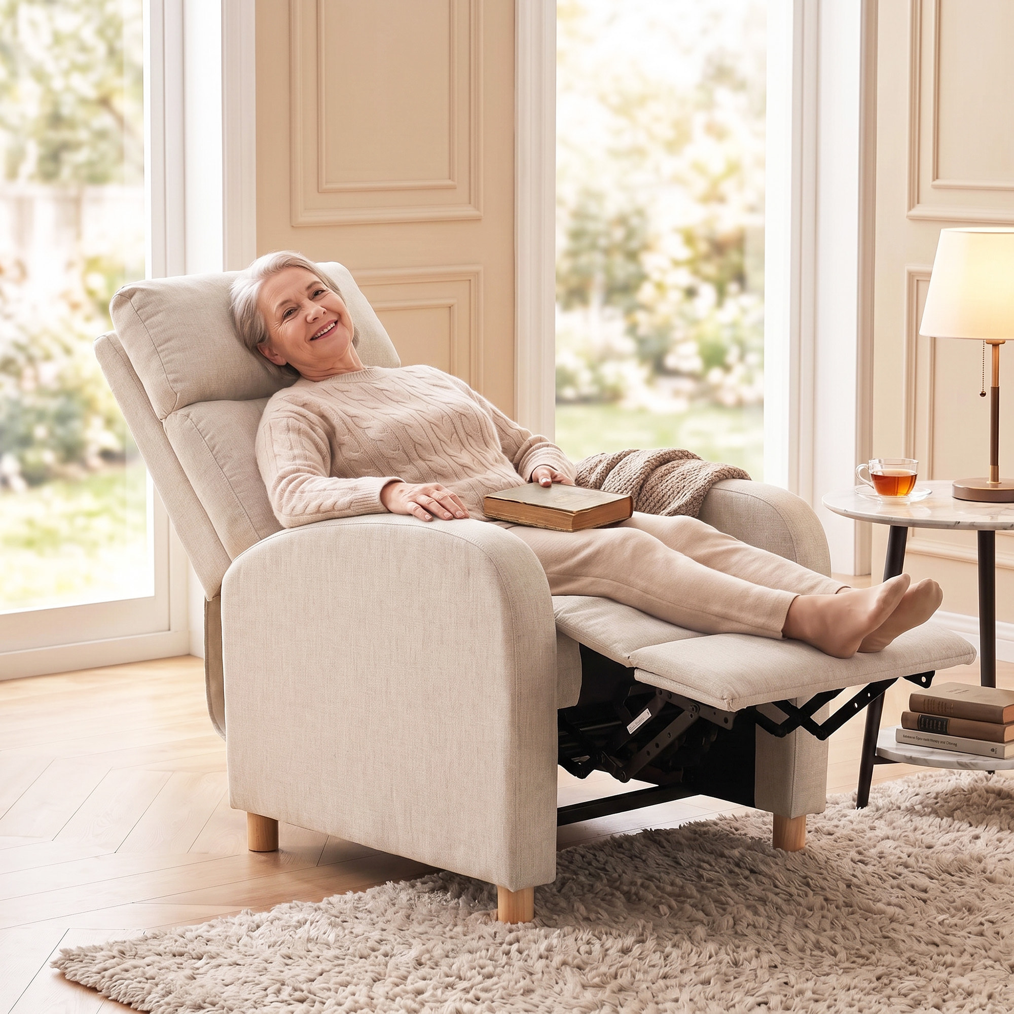 Sillón Relax Reclinable, Sillón Reclinable Manual hasta 135°, Tapizado en Lino, Reposapiés, Muelles Ensacados, Respaldo Alto Grueso y Patas de Madera para Salón, Oficina, Beige