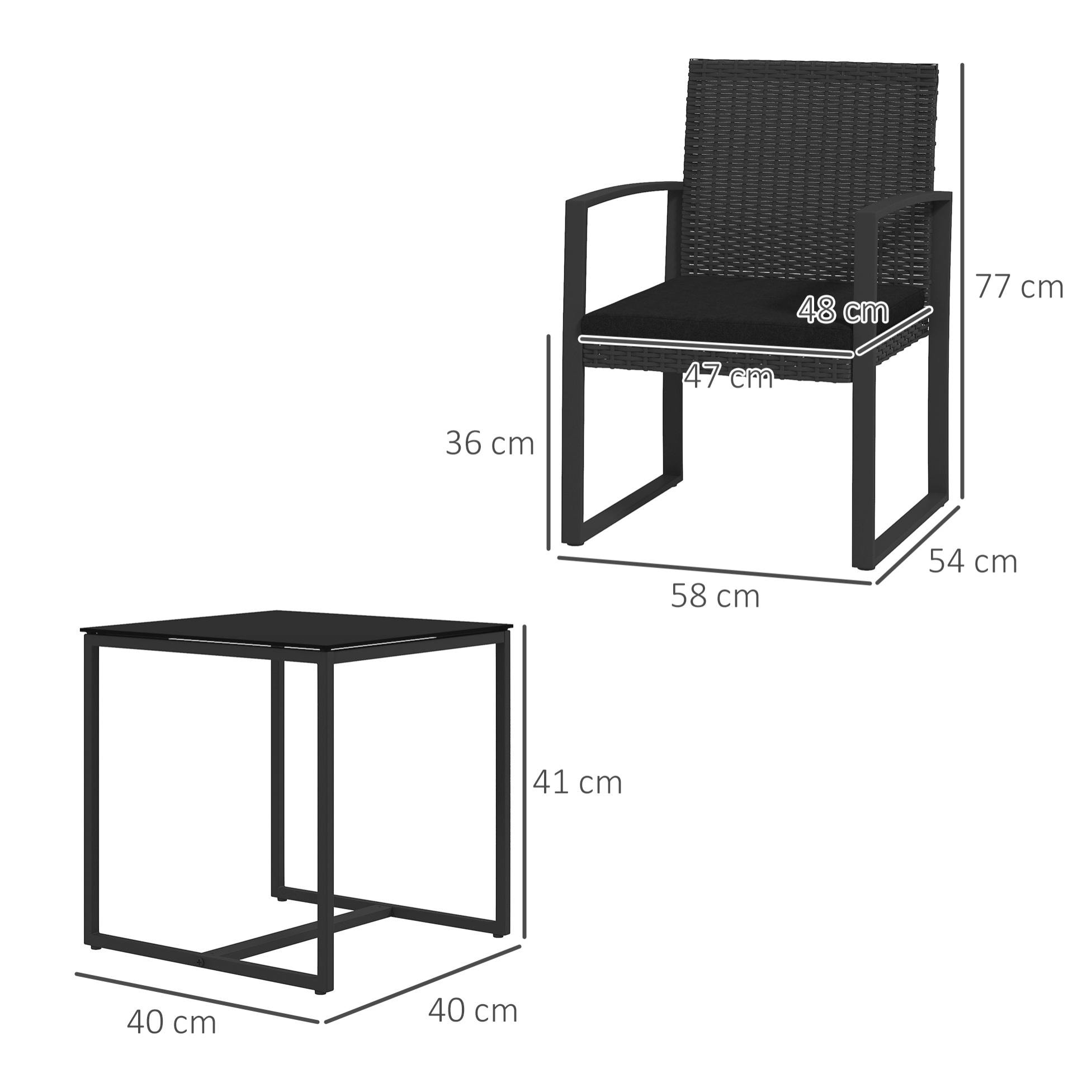 Conjunto de Muebles de Jardín de Ratán Sintético Juego de 1 Mesa y 2 Sillas de Terraza con Cojines y Reposabrazos para Balcón Patio Negro