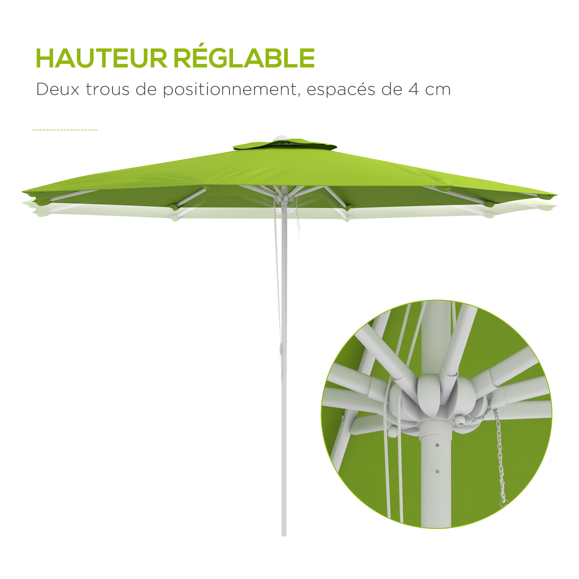 Parasol de jardin octogonal réglable Ø 292 x 242H cm métal polyester haute densité 180 g/m² vert