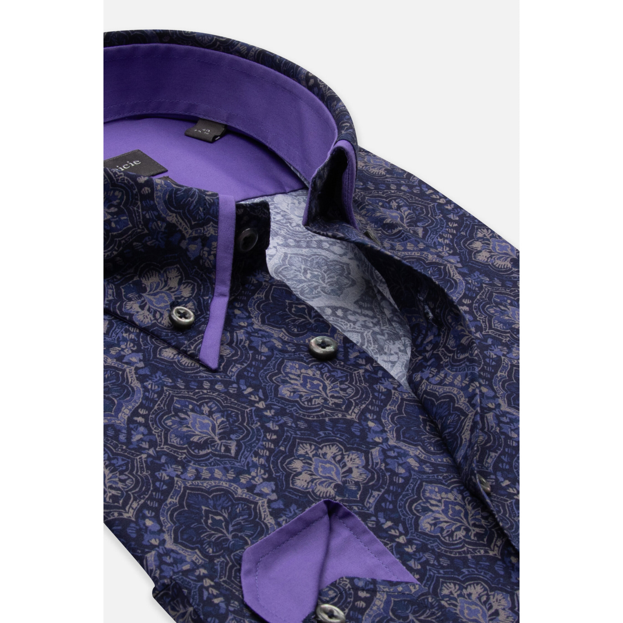 Camicia Uomo 2 Bottoni Button Down Doppio Coll Popeline Stretch Stampato Blu e Viola