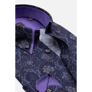 Camicia Uomo 2 Bottoni Button Down Doppio Coll Popeline Stretch Stampato Blu e Viola