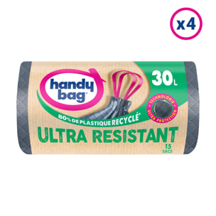 4x15 Sacs Poubelle 30L à poignées coulissantes Ultra Résistant Handy-Bag - 80% de plastique recyclé