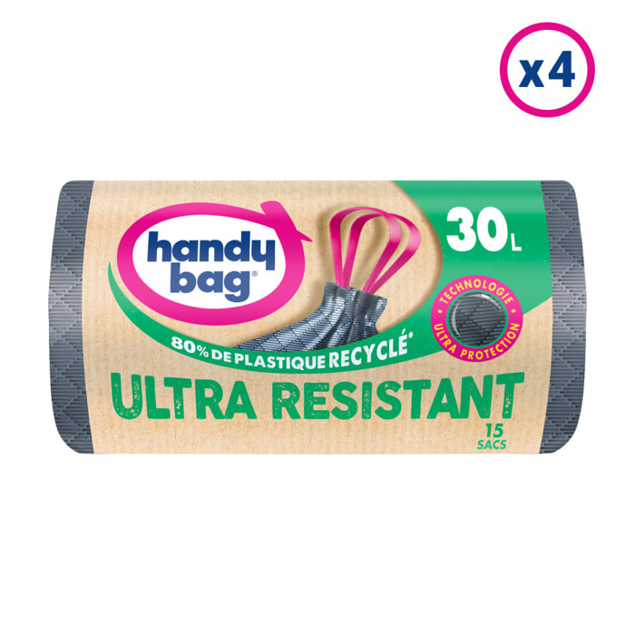 4x15 Sacs Poubelle 30L à poignées coulissantes Ultra Résistant Handy-Bag - 80% de plastique recyclé