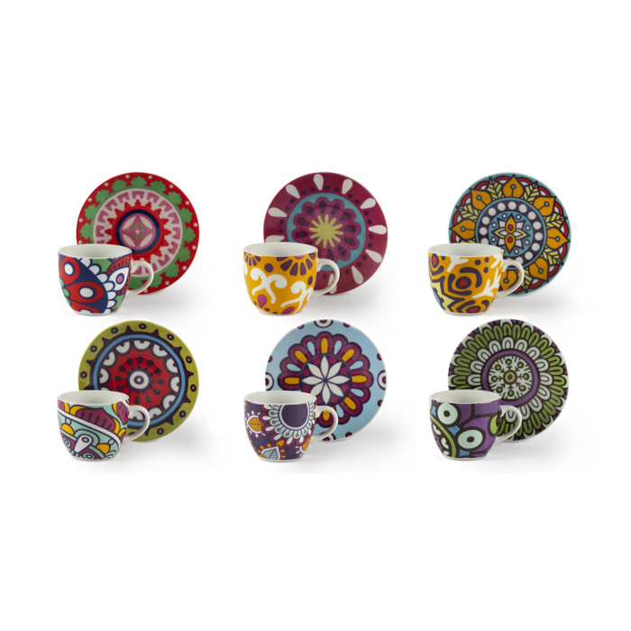 Set 6 Tasses à Café avec Soucoupes Excelsa – Mandala Etno, Porcelaine Multicolore