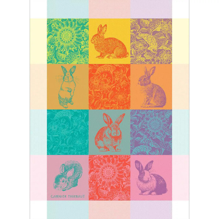 Torchon pur coton motif jacquard bleu rose Les lapins printemps