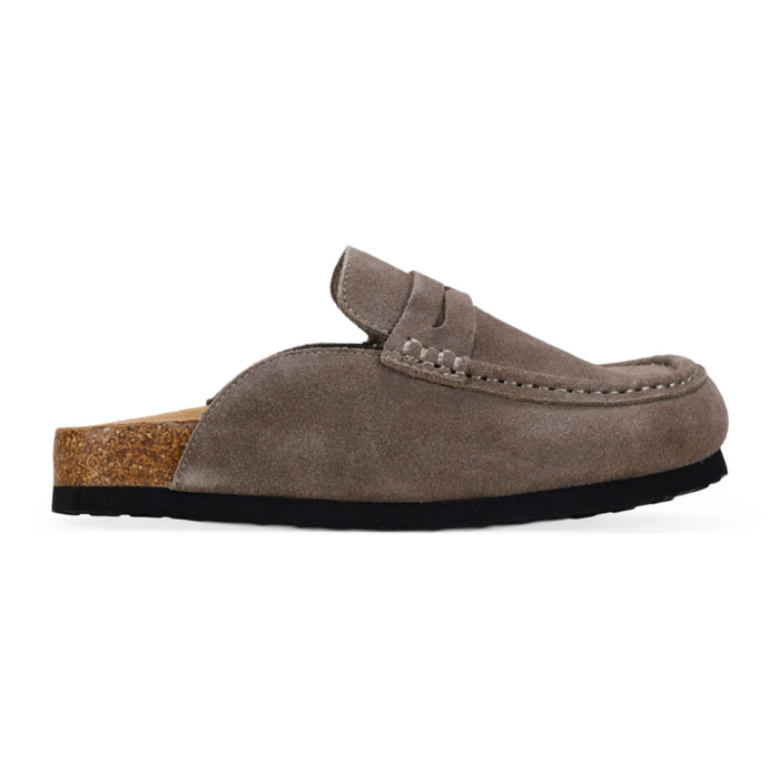 Zuecos taupe en piel con suela de corcho