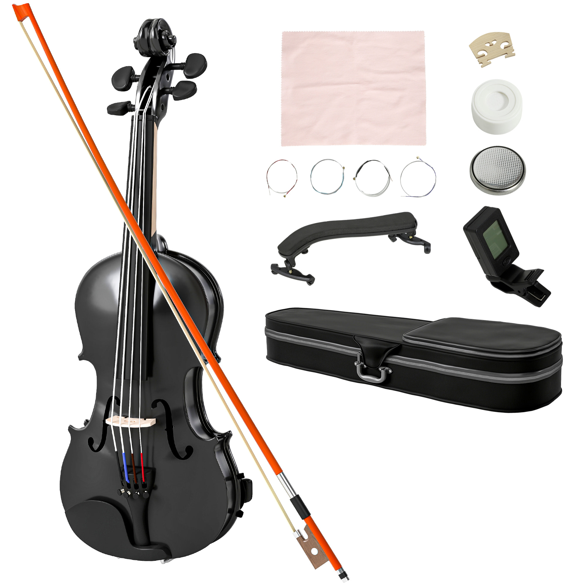 Violín 4/4 de Tamaño Completo de Madera, Set de Violín para Principiantes, Adultos y Niños, con Estuche Ligero, Arco, Colofonia, Afinadores, Cuerdas y Soporte para Hombro, Negro
