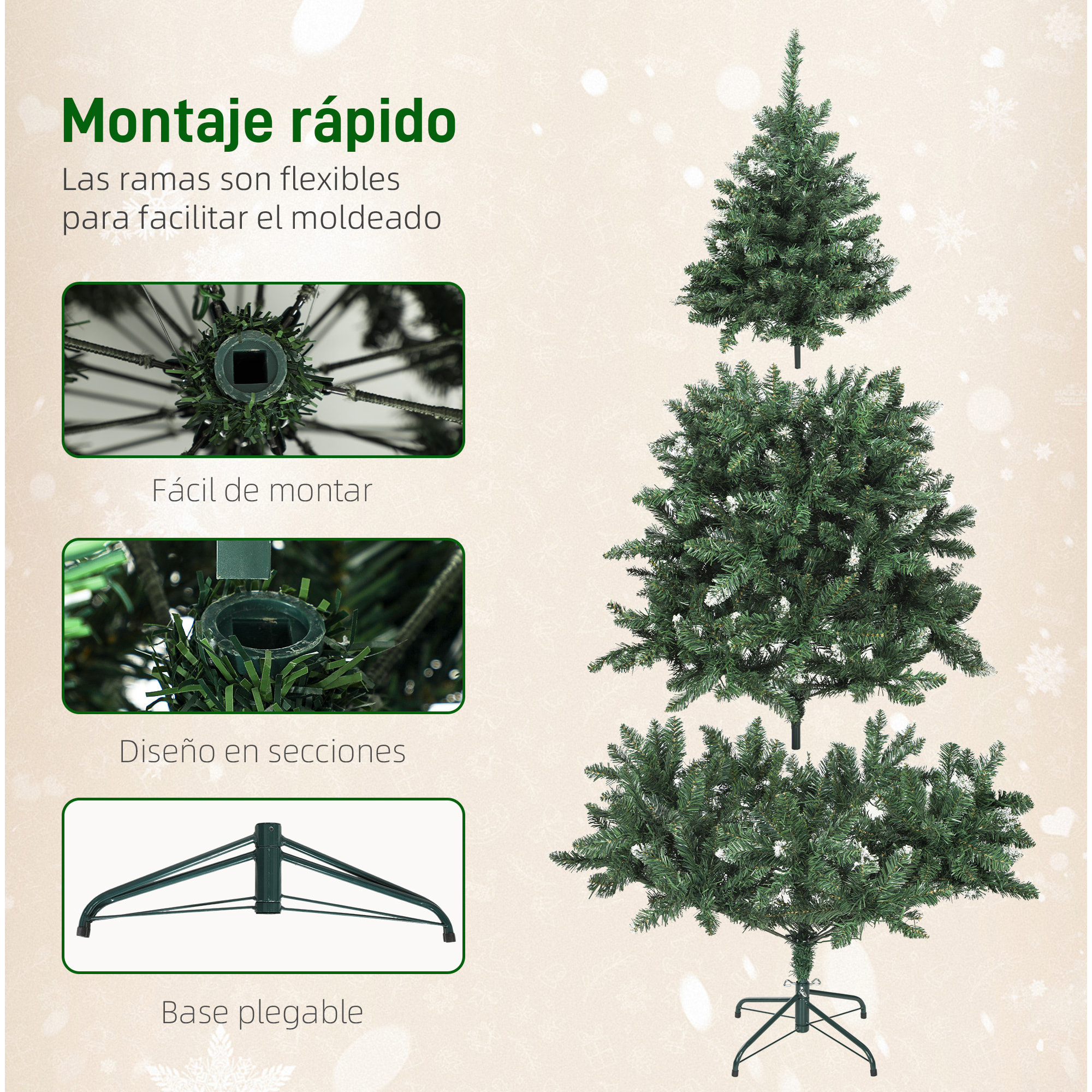 Árbol de Navidad 180 cm, Árbol Navideño de Abeto con Luces LED, 9 Modos de Iluminación, 802 Ramas con Nieve Artificial, Soporte Metálico, Fácil de Montar, Verde