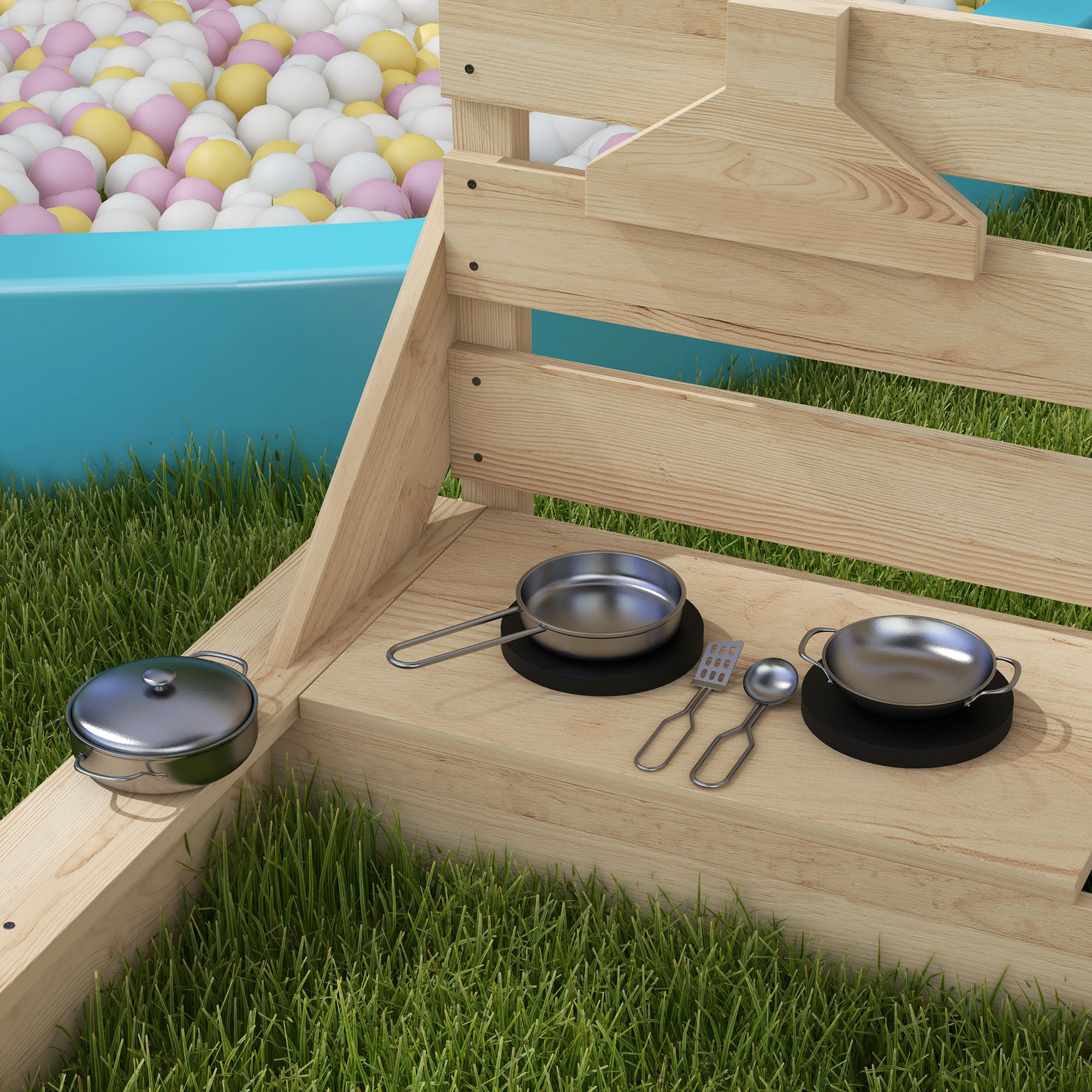 Bac à sable bateau de pirate en bois avec jeu de cuisine et 6 accessoires