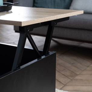 Table basse avec plateau relevable noire et bois HEDDA