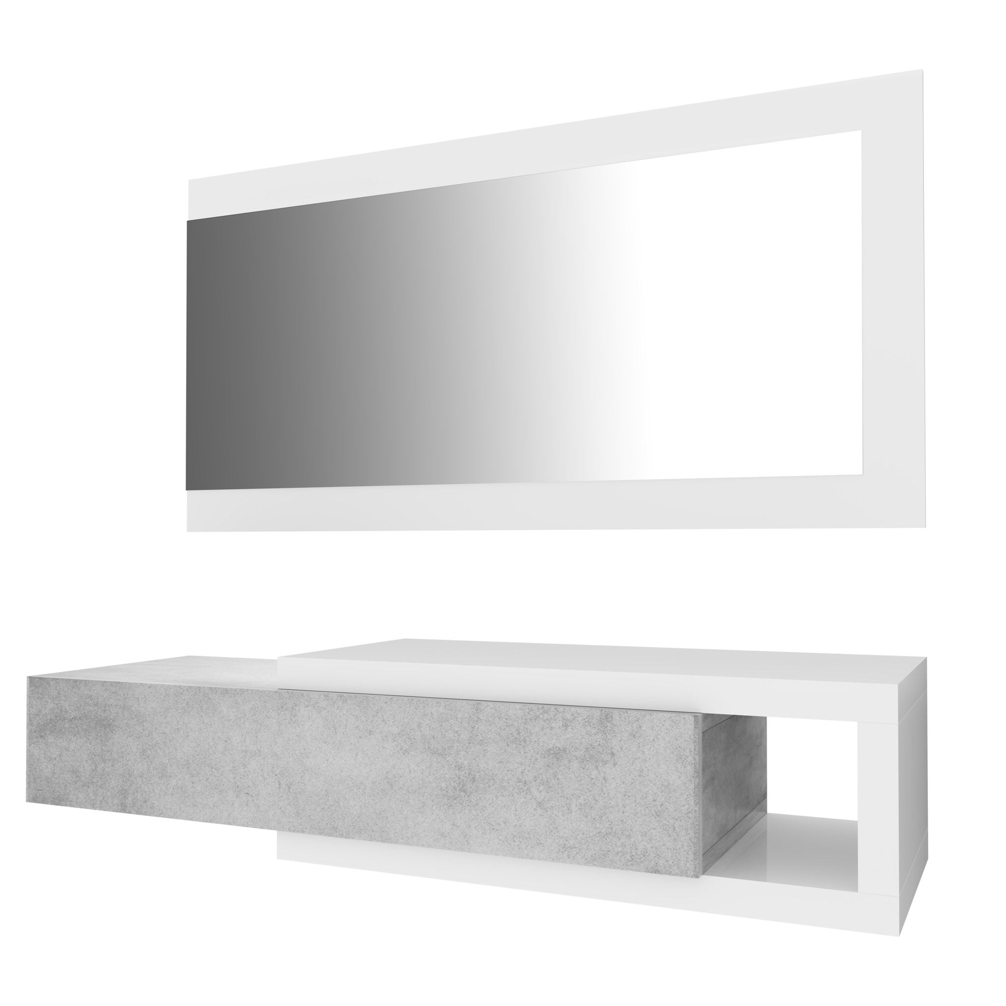 Mobile Maiorca Mobiletto da Ingresso Sospeso con Cassetto Mensola e Specchio Arredo Arredamento Sala 81 x 116 x 29 cm Bianco Lucido e Grigio Cemento