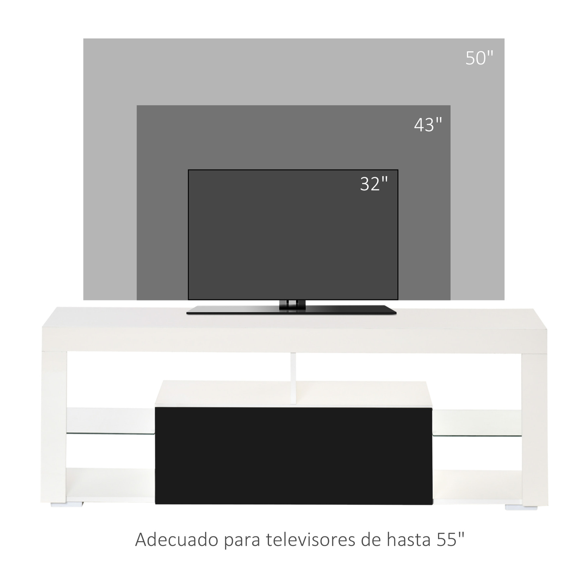 Mueble de TV para Televisiones de 55â‚¬ÂPulgadas Mesa para TV de Salón con Luz LED 6 Modos de Colores Mando a Distancia Cajón y Estantes de Cristal Ajustables 140x35x52 cm Blanco