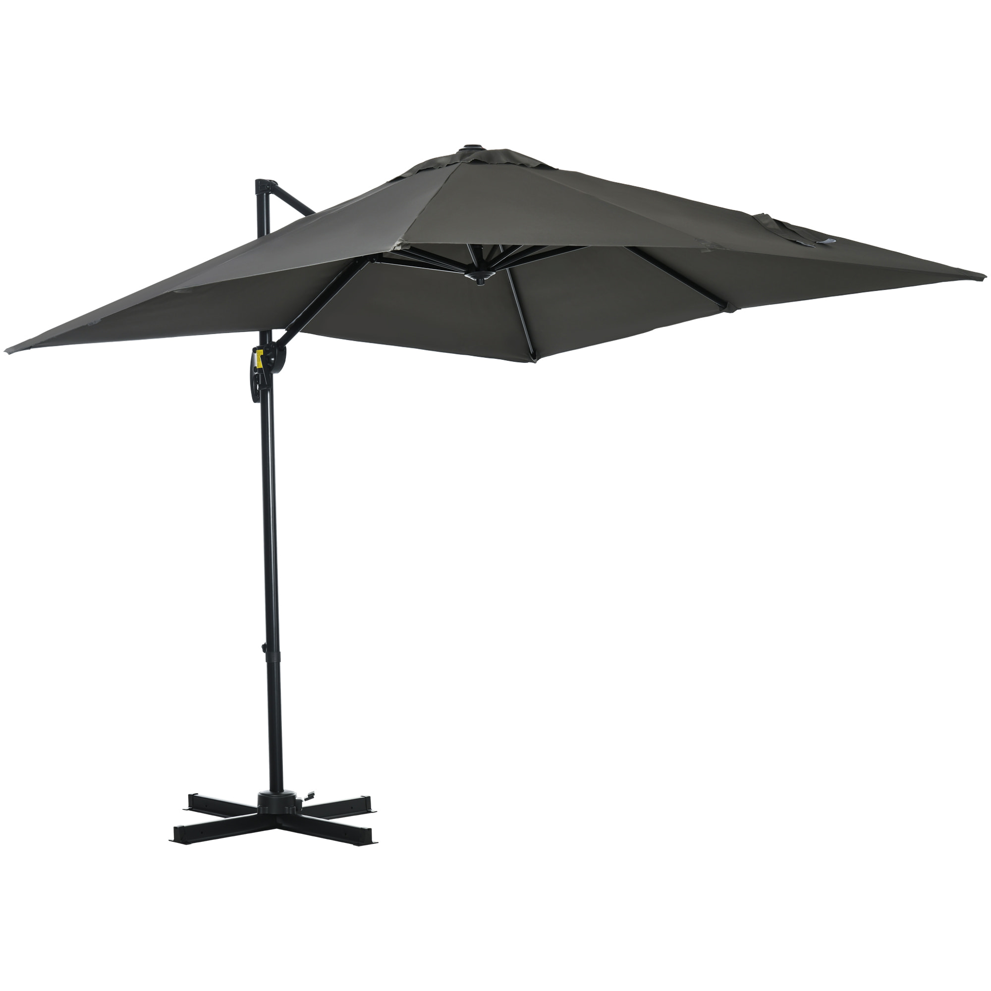 Parasol déporté carré inclinable manivelle avec pied en acier dim. 2,45L x 2,45l x 2,45H m métal alu. polyester haute densité gris