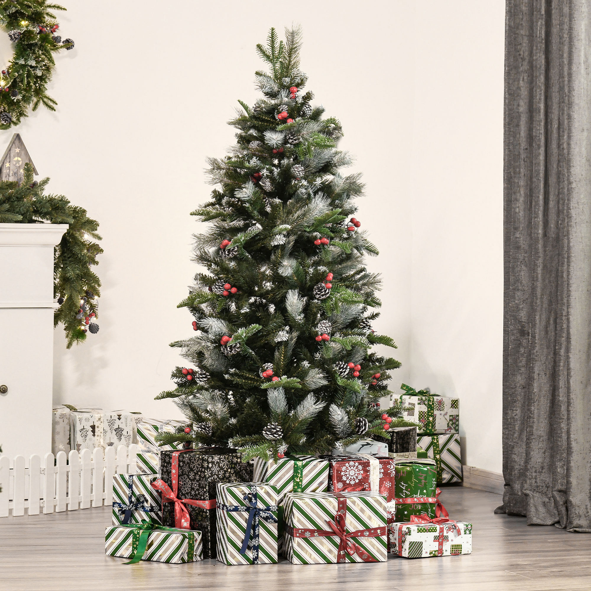 HOMCOM árbol de Navidad Artificial 150 cm con 440 Ramas 39 Piñas y 39 Bayas Hojas de PVC PE Base Plegable y Soporte Metálico Decoración Navideña para Interiores Verde