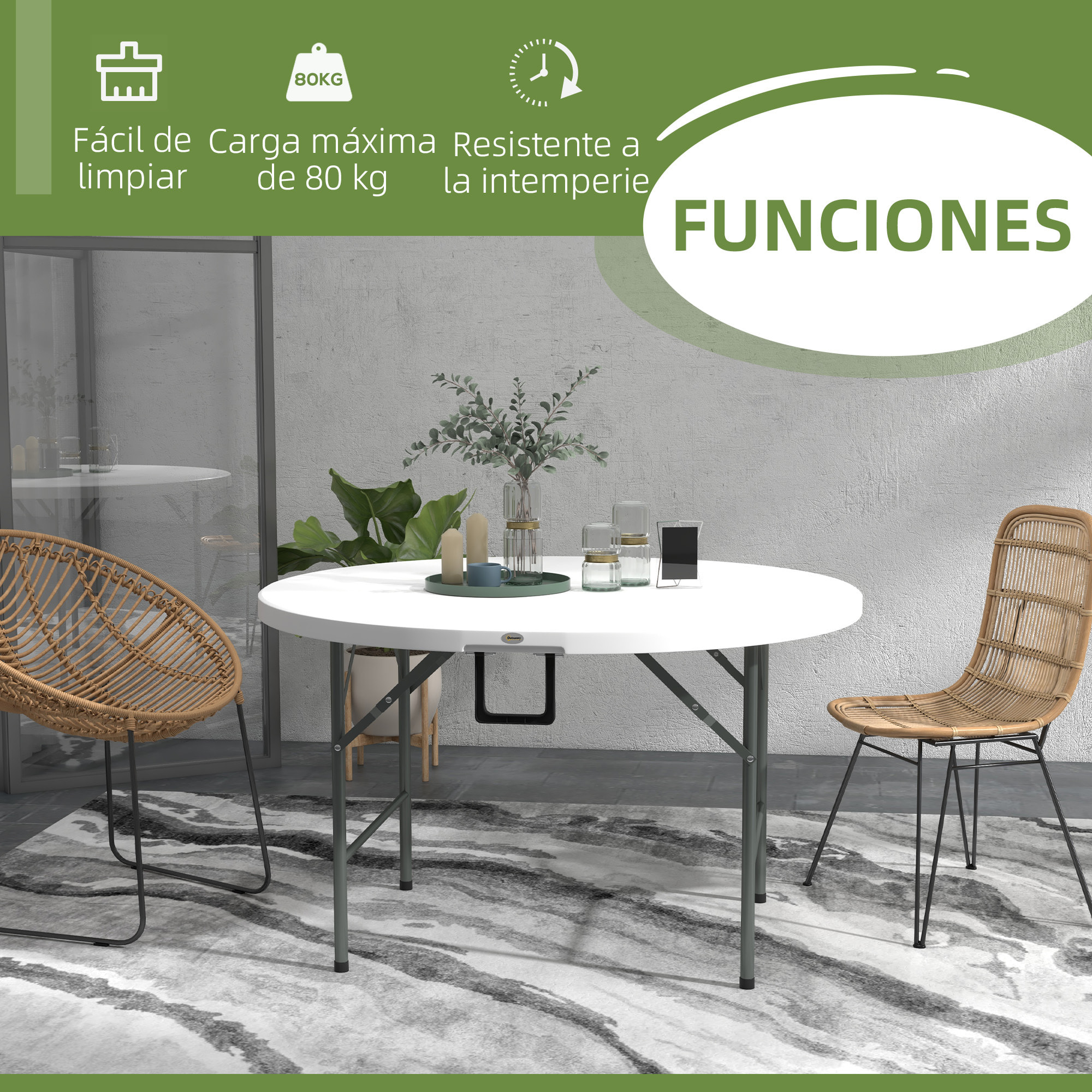 Mesa Auxiliar Redonda Mesa de Jardín Plegable con Marco de Acero y Encimera de HDPE Carga 80 kg para Interior y Exterior Ø122x73 cm Blanco