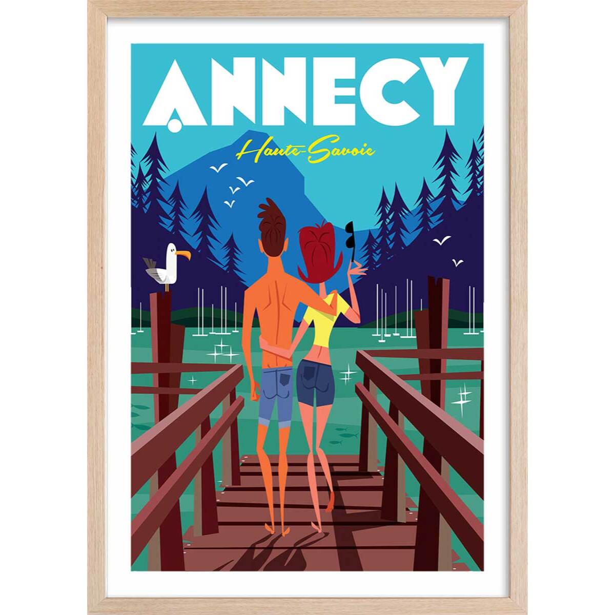 Poster le pont des amours annecy lac Affiche + cadre en bois - Chêne