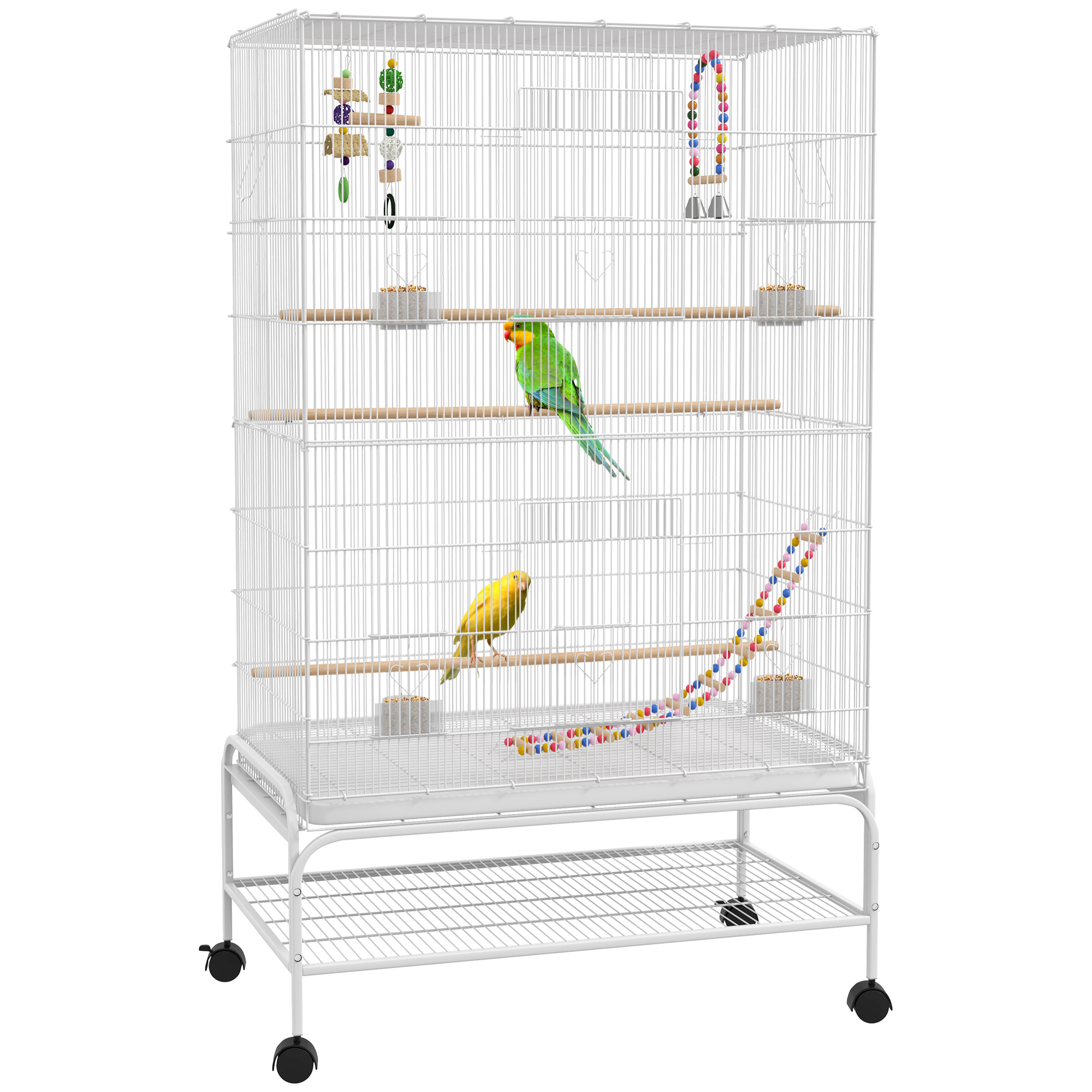 Cage à oiseaux sur roulettes - étagère, plateau déjection, 3 perchoirs, 4 mangeoirs, 2 portes, 8 trappes, accessoires - acier blanc