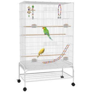 Cage à oiseaux sur roulettes - étagère, plateau déjection, 3 perchoirs, 4 mangeoirs, 2 portes, 8 trappes, accessoires - acier blanc