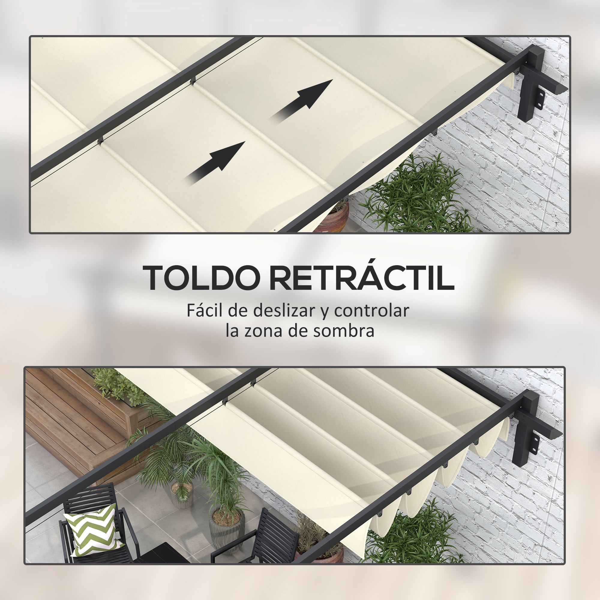 Pérgola de Pared 3x3 m Cenador de Jardín con Techo Retráctil de Poliéster y Marco de Acero para Celebraciones Fiestas Bodas Crema y Gris Oscuro