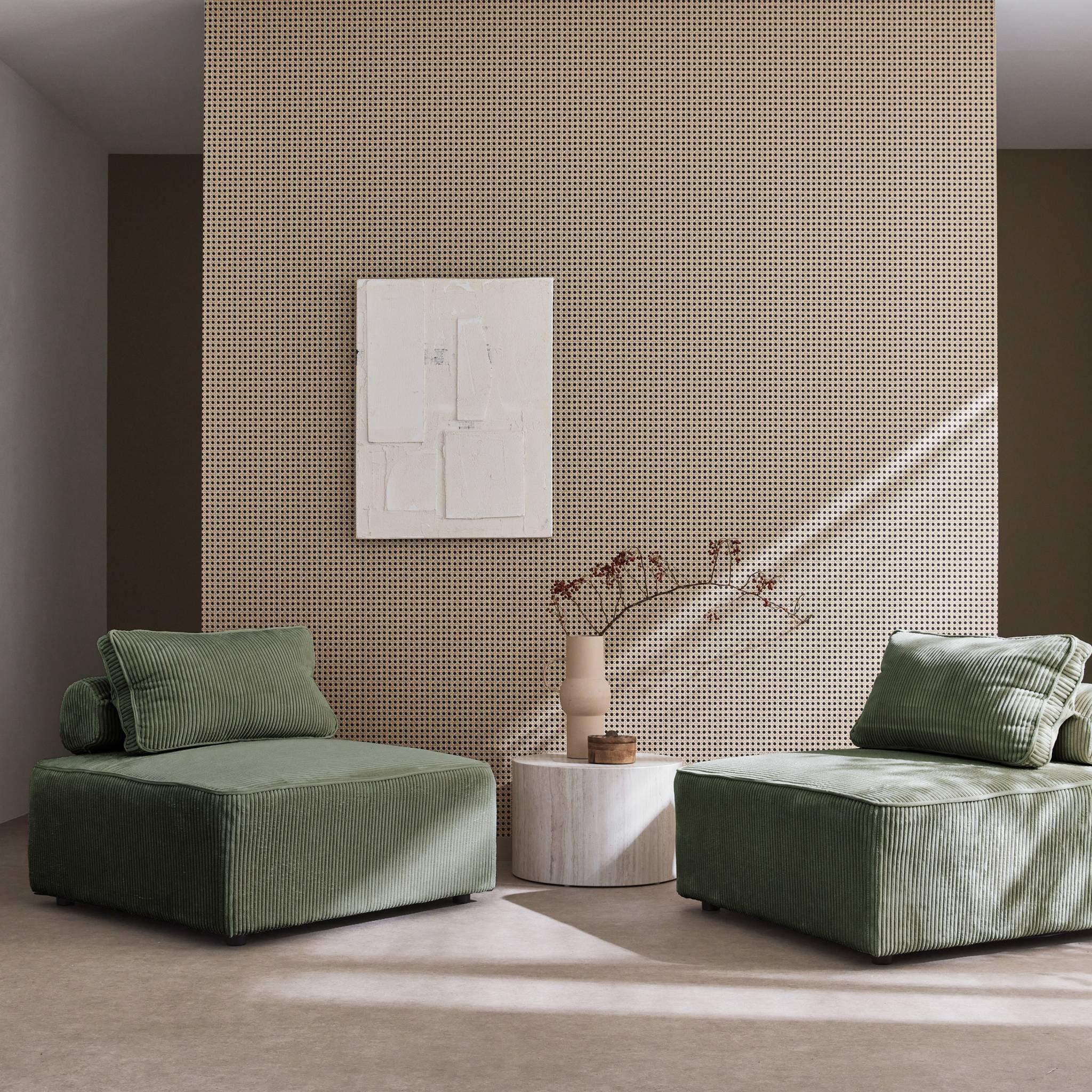 Lot de 2 chauffeuses  pour canapé modulable velours côtelé vert avec un coussin