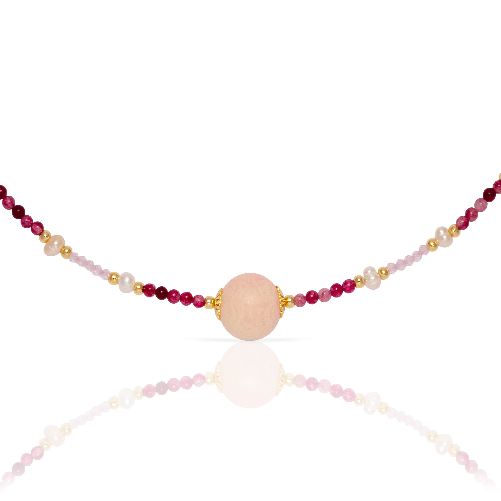 Veritas Collar de perlas naturales con cuentas de turmalina y circón rosa, con cierre de mosquetón.
