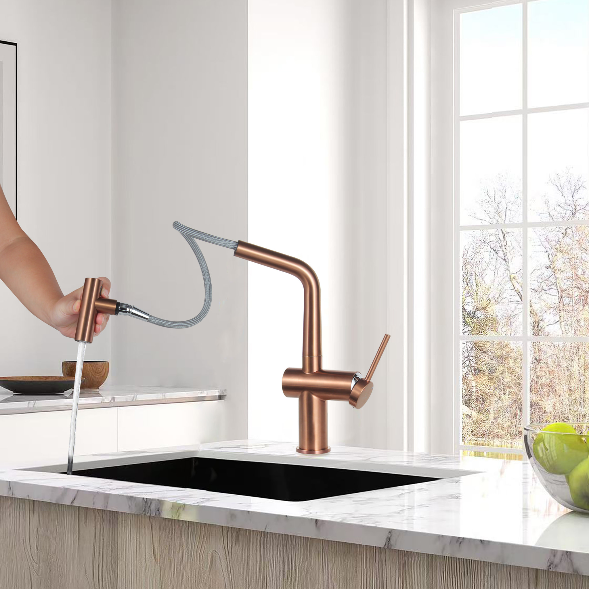 Aurum set mitigeur lavabo + mitigeur cuisine Ceramia Timeless acier inoxydable, douchette extractible, or rose (SATBA285BCRG)