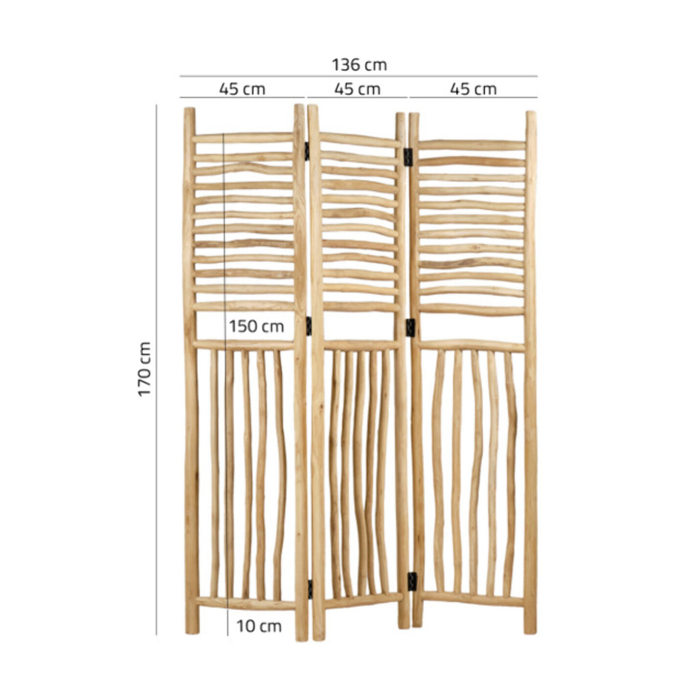 Paravent 170 cm 3 parties pliables en bois de teck exotique - HULK