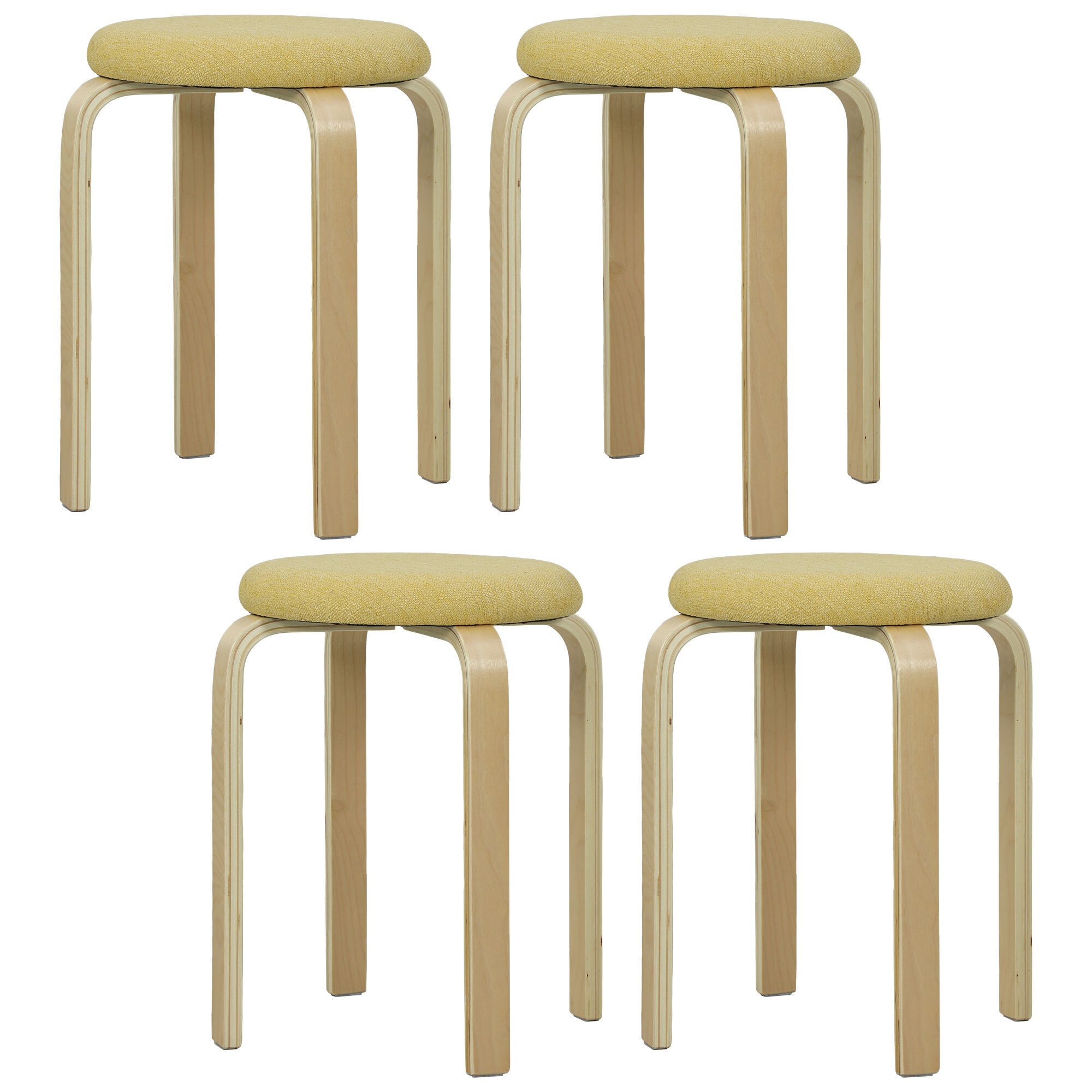 Juego de 4 Taburetes Apilables Redondos Taburetes Bajo de Cocina con Asiento Acolchado para Comedor Dormitorio Oficina Salón Amarillo y Natural