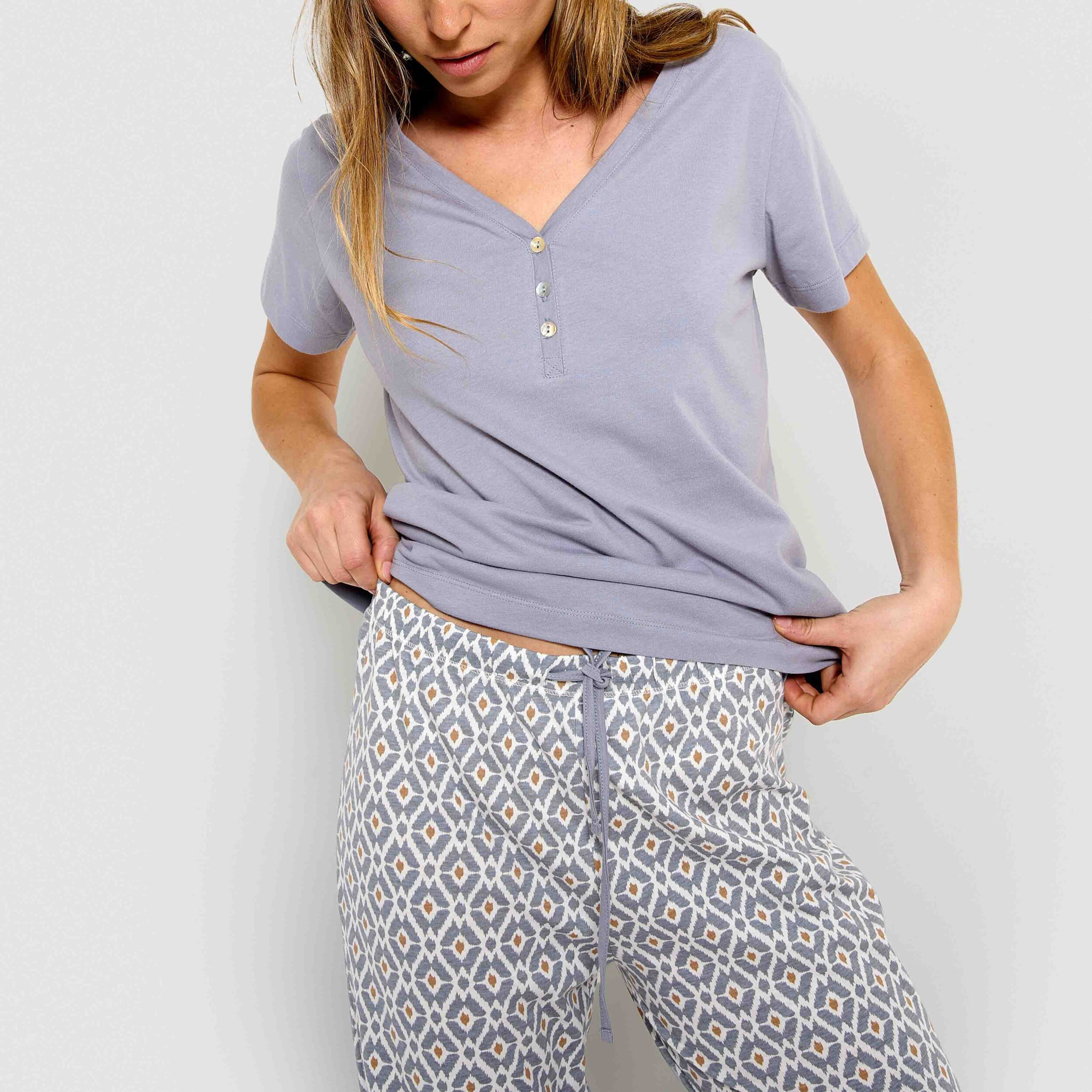 Pijama largo algodón manga corta con escote pico waterloo índigo