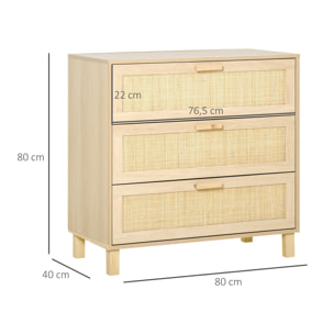 Commode 3 tiroirs cannage en rotin dim. 80L x 40l x 80H cm MDF aspect bois clair