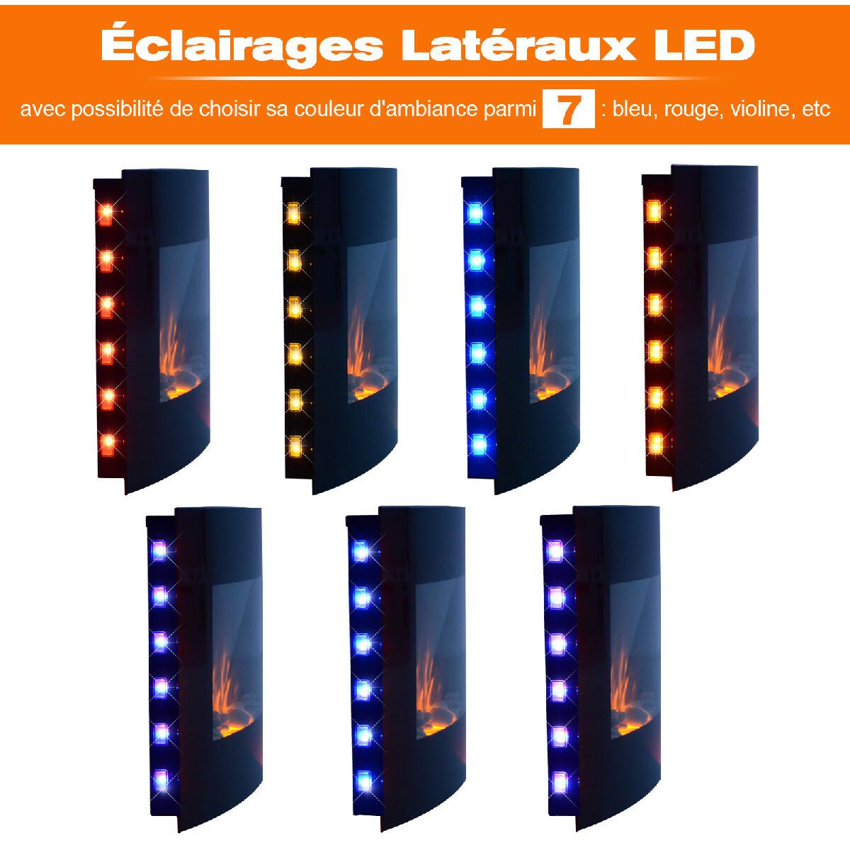 Cheminée électrique murale éclairages latéraux LED design avant-gardiste affichage LED avec télécommande et minuterie 900/1800 W luminosité réglable noir