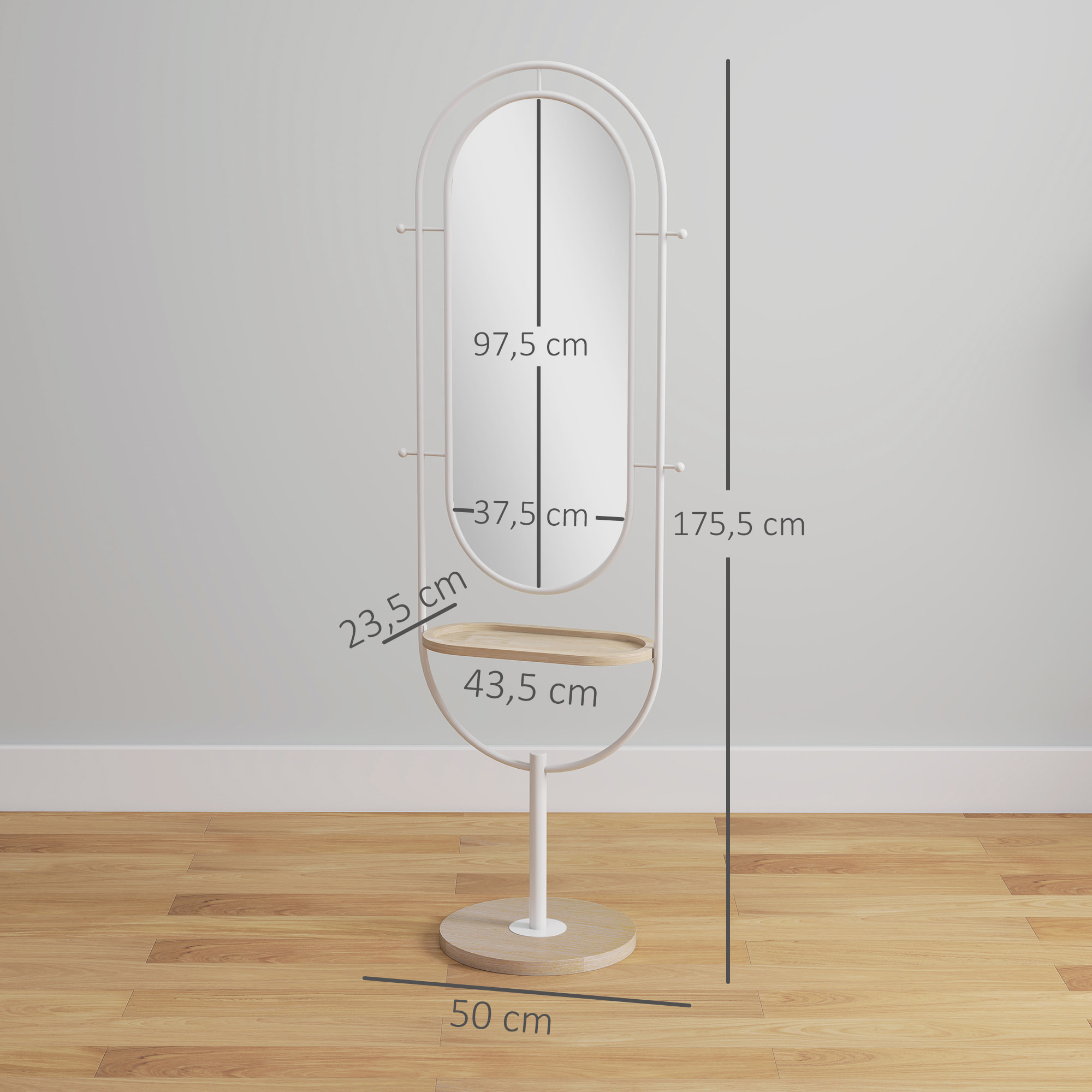 Espejo de Cuerpo Entero 175,5x50 cm Espejo de Pie con Bandeja de Madera 4 Ganchos y Marco de Metal para Salón Dormitorio Blanco