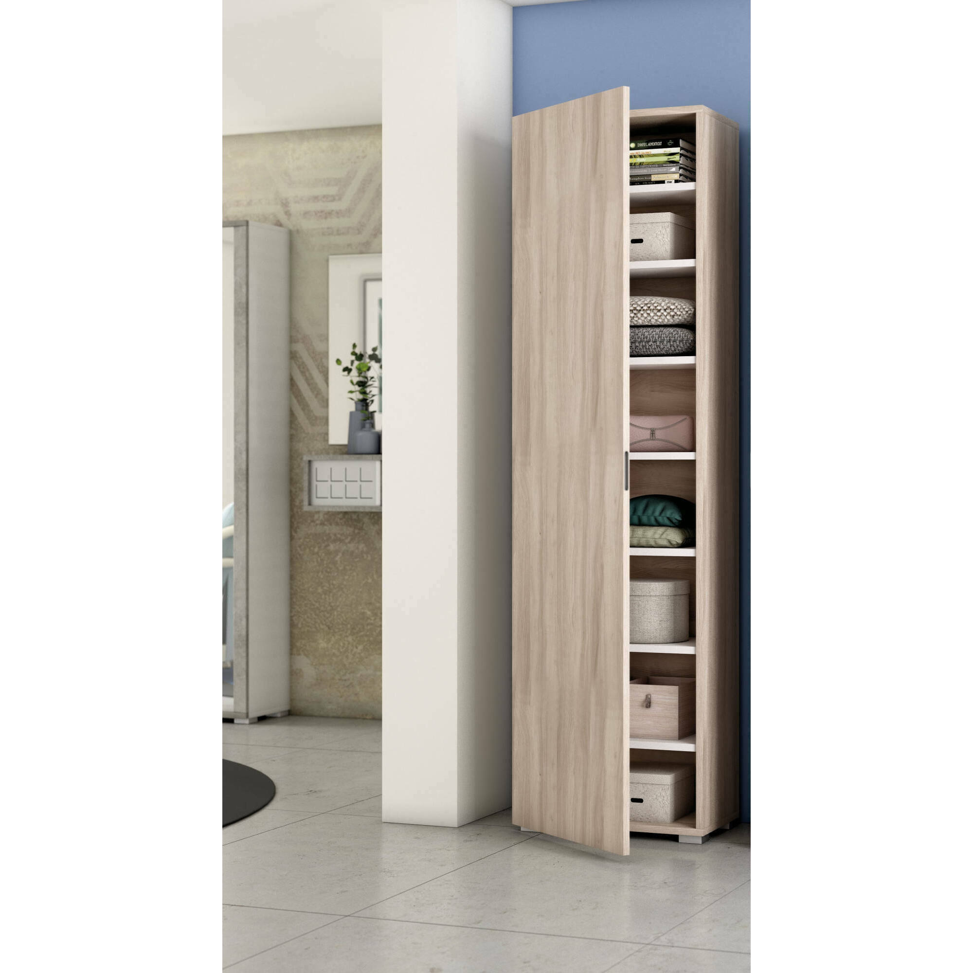 Armadio multiuso Fiordaliso, Mobile lineare a 1 Anta e 7 ripiani, Colonna da ingresso o bagno, Scarpiera moderna, 100% Made in Italy, Cm 50x30h182, Olmo