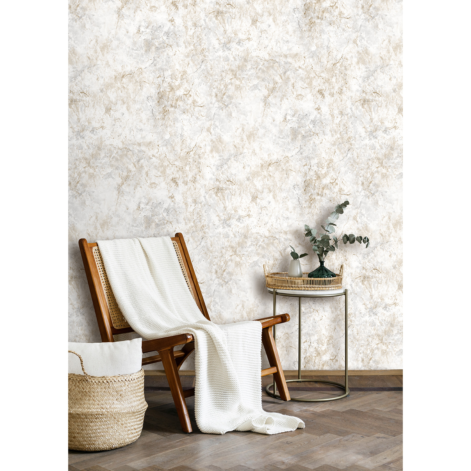 Papier peint effet stuc marbré blanc or patiné