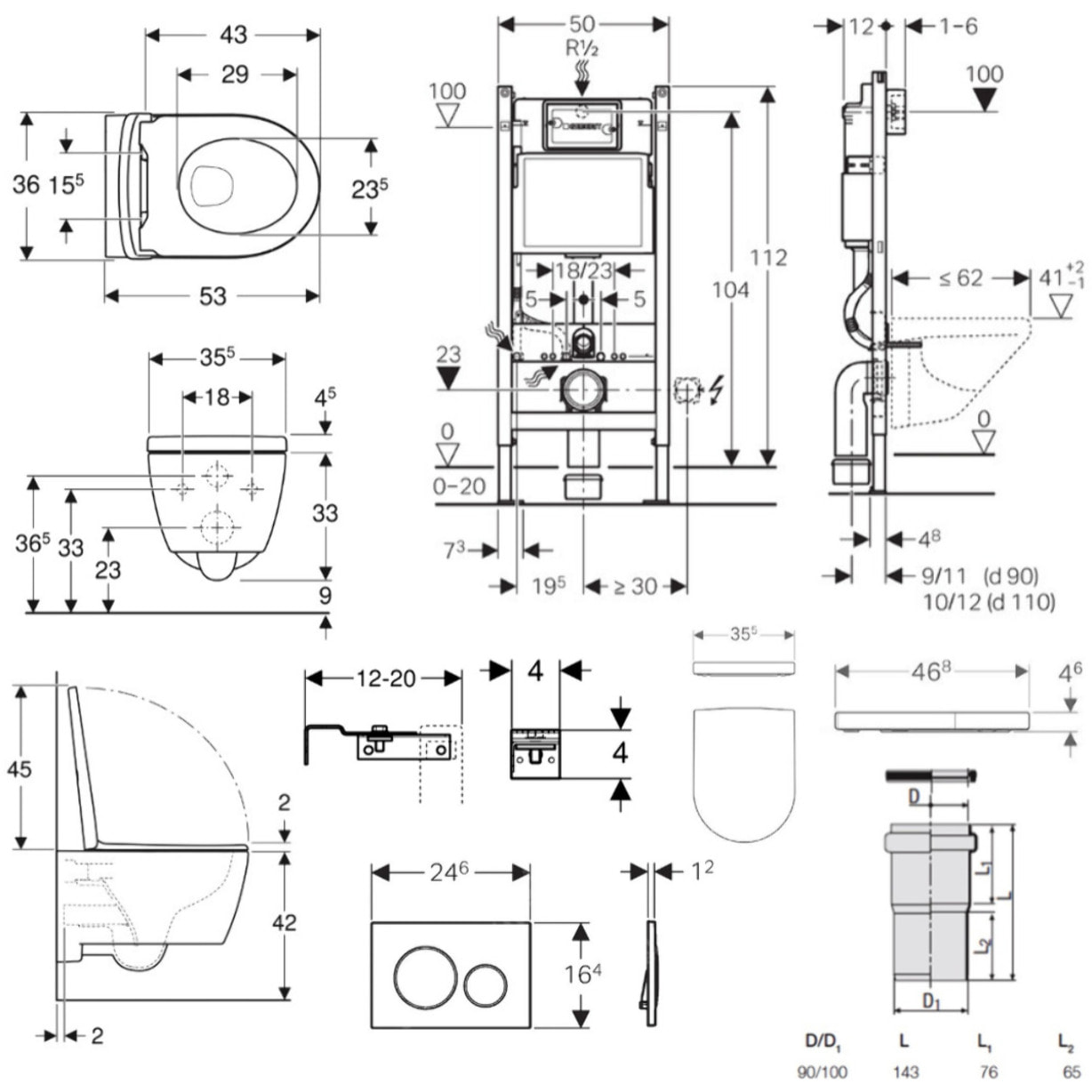 Pack WC Bati-support Geberit Duofix  + WC Geberit sans bride iCon + Abattant softclose + Plaque blanche (iConGeb3)