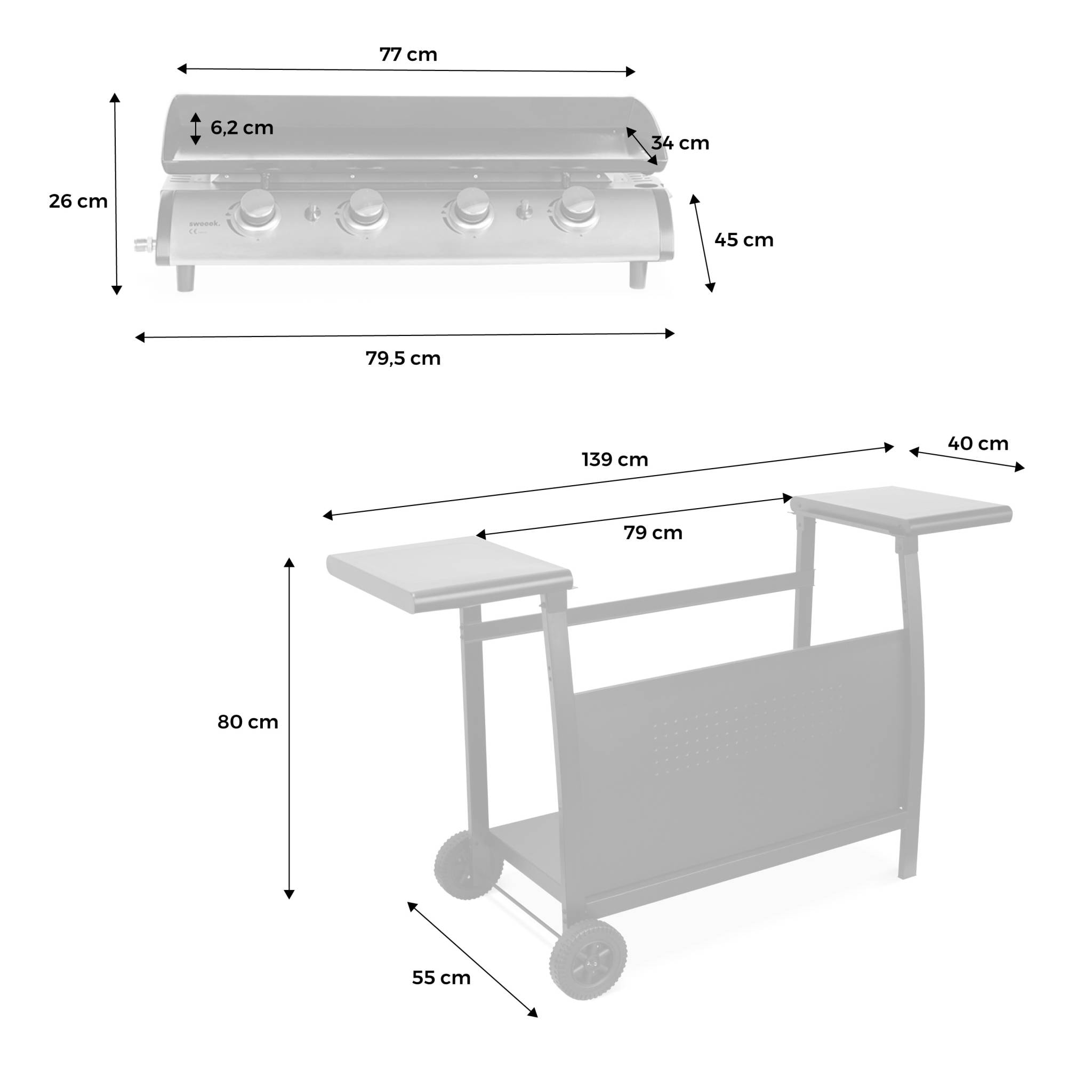 Plancha au gaz 4 brûleurs sur chariot - Porthos - 10kW. plancha à gaz avec desserte . cuisine extérieure. plaque émaillée. inox. barbecue
