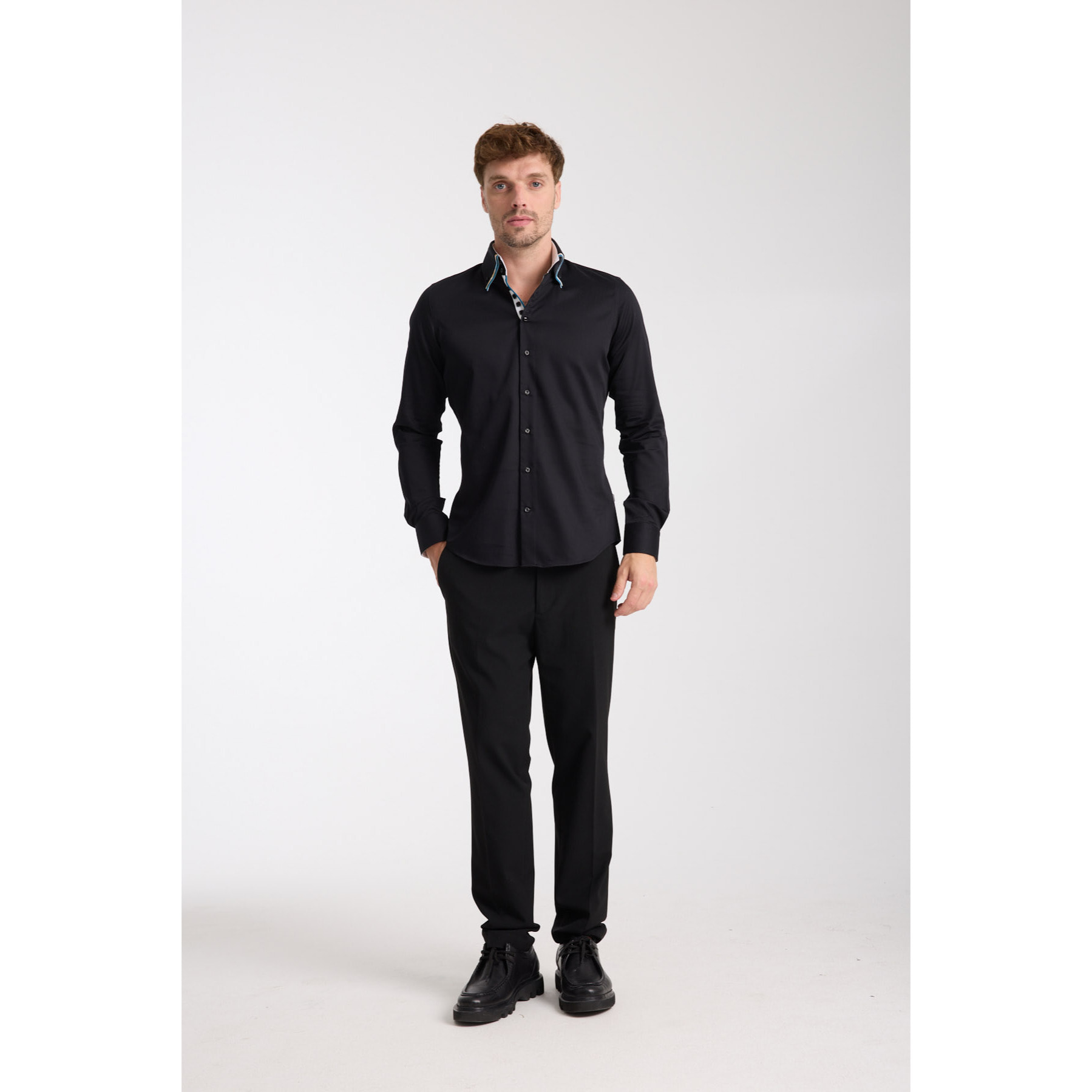 Camicia Uomo 2 Bottoni Button Down Triplo Collo Slim Satin Unito Nero