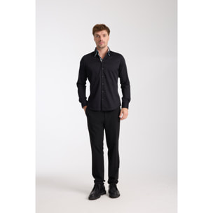 Camicia Uomo 2 Bottoni Button Down Triplo Collo Slim Satin Unito Nero